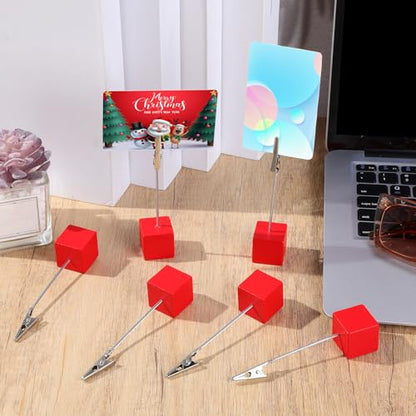 Gersoniel 20 Pcs Cube Base Memo Clip Holder with Alligator Clip Wood Table Number Holder Cube Base Place Card Stand Mini Photo Menu Stand for Displaying Number Card (Red) - color: Red