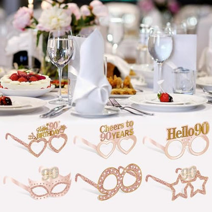 Guiruiy 24PCS 90th Birthday Paper Eyeglasses Decorations for Women, Pink Rose Gold Happy 90th Birthday Eyeglasses Party Supplies, Funny Ninety Year Old Birthday Glasses Photo Props Decor - style: Rose Gold 90th