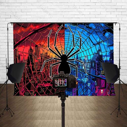 7x5FT Spidey Background Spider Blue Red City Photography Backdrop for Children's Boys Birthday Photography Background Baby Shower Decoration Banner TAYBDJ752 - size: 7x5FT