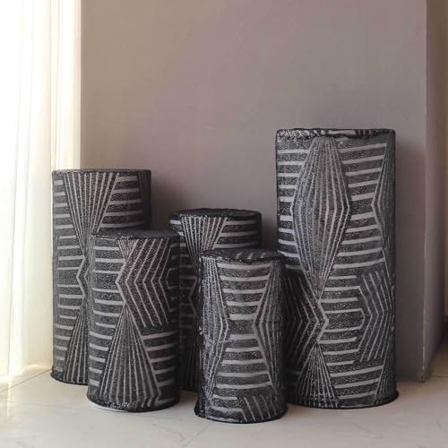 Efavormart Set of 5 Black Sequin Mesh Cylinder Display Box Stand Covers with Geometric Pattern Embroidery, Sparkly Sheer Tulle Pedestal Pillar Prop Covers - color: Black, size: Cylinder sequin geometric cover