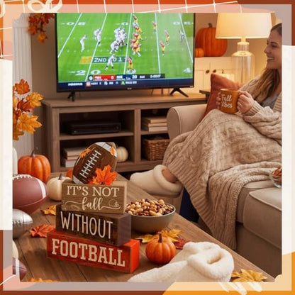 Yuntau 4 Pcs Football Fall Table Decorations Football Tiered Tray Decor Spring Wooden Sign Soccer It's Not Fall Without Centerpiece Decorative Faux Book Block Sign for Coffee Table Mantel Shelf - style: Football Fall