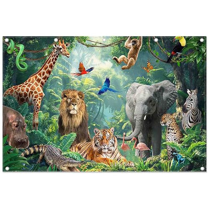 Fabric 12x8ft Jungle Forest Animals Photography Backdrop Tropical Rainforest Safari Background Wild Party Decorations Kids Event Photo Banner Props - size: 12'x8'