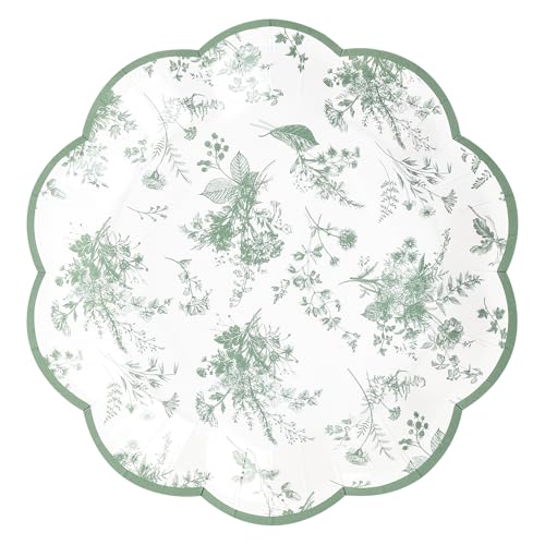 24Pcs Sage Green Floral Party Plates 7" Vintage Floral Leaf Disposable Paper Plates Wildflower Toile Small Scalloped Dessert Plate for Spring Easter Birthday Bridal Tea Party Supplies - color: Sage Green