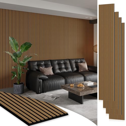 Smartstandard 4 Pack 105.9" x 12.6" Wood Slat Wall Panels, Soundproof Wooden Wall Panels, 3D Fluted Wood Panels for Interior Wall Decor, Classic Oak - color: Classic Oak, size: 106" x 50.4"