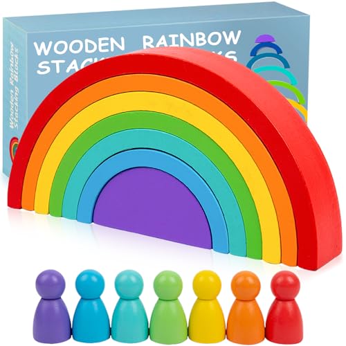 Wooden Rainbow Stacking Toy, Wood Peg Dolls Stacker Arch Game, Montessori Arch Bridge Rainbow Building Blocks, Colorful Stacking Blocks Puzzles for Kids 2 3 4 5 Years Old, Rainbow Decor Toys - color: Large-rainbow