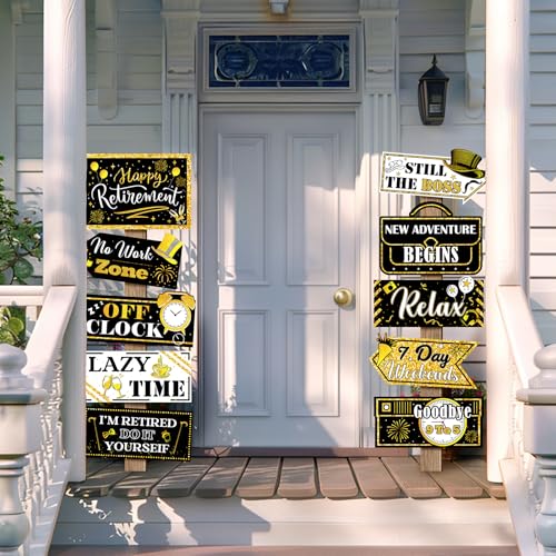 Hooqict Retirement Party Decorations 20 Pieces Happy Retirement Party Signs for Black and Gold Retirement Theme Party Decor Directional Banner Sign Retirement Birthday Party Supplies - style: Retirement