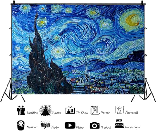 12x10ft Van Gogh Starry Sky Backdrop Abstract Stars Wall Oil Painting Photography Background Van Gogh Aesthetic Artwork for Wallpaper Decoration Birthday Party Baby Shower Wedding Photo Studio Props - size: 12x10ft