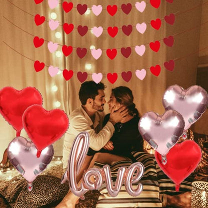 Heart Garland Banner Valentine's Day Heart Garland Valentine's Day Balloons Decoration With 40" Love Banner Balloons 18" Star Heart Balloons for Valentines Day Party Decorations, Wedding, Photo Props