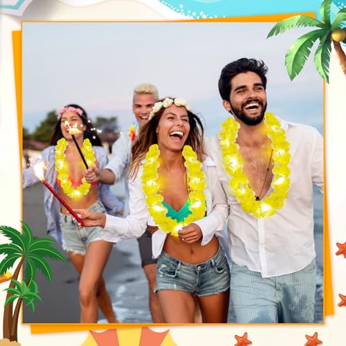 Sherr 24 Pcs LED Light Yellow Leis Light up Wedding Hawaiian Leis Flower Necklace with LED Lights Beach Tropical Carnival Party Wedding Supplies Luau for Masquerade - color: Bright Yellow