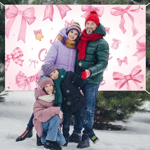Pink Bow Christmas Backdrop Xmas Birthday Party Decorations Merry Christmas Photography Background Pink Bow Hanging Banner for Girls Women Birthday Bachelorette Party Supplies Photo Props 6x3.6 ft