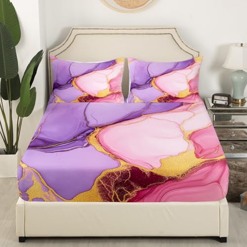 Marble Sheet Set - Pink Purple Gold Bed Sheets,Soft Modern Marble Texture Pattern Sheets, Twin Size 3-Piece Girly Bedding Sheets & Pillowcase Sets (1 Fitted Sheet,1 Top Sheet,1 Pillowcase) - color: Multi 01, size: Twin