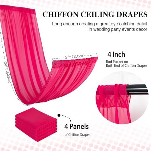 DUOBAO Elegant 20ft Hot Pink Chiffon Wedding Curtains - 4 Panels Sheer Drapes for Stage, Tent, and Photo Backdrops Christmas and Photography - color: Hot Pink, size: 60"W x 240"L (Pack of 4)