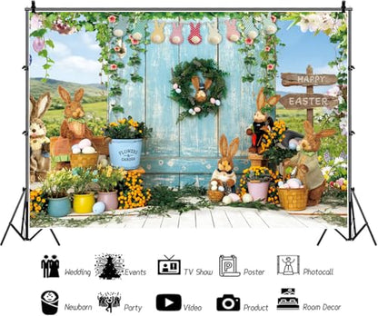 ChromaVerse 8X6FT Easter Photography Backdrop, Spring Bunny Theme with Rustic Wood Door, Flowers and Happy Easter Decoration CV-200 - size: 8X6FT