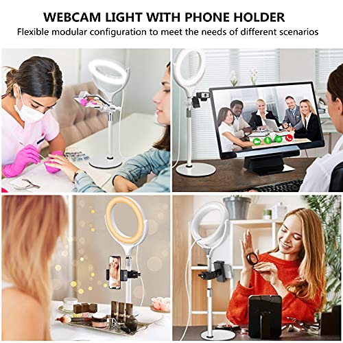 8 inch Desk Ring Light with Stand, Adjustable Computer Circle Light for Video Conference Lighting, Zoom Calls, Virtual Meeting, Video Recording, Selfie Light with Phone Holder for Streaming, Podcast - color: 8inch White