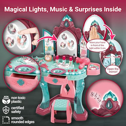 Toddler Vanity Table for Girls — Princess Makeup Playset with Light & Sound Mirror, Magic Sensor, Stool & Accessories, Pretend Beauty Toy for Ages 3+