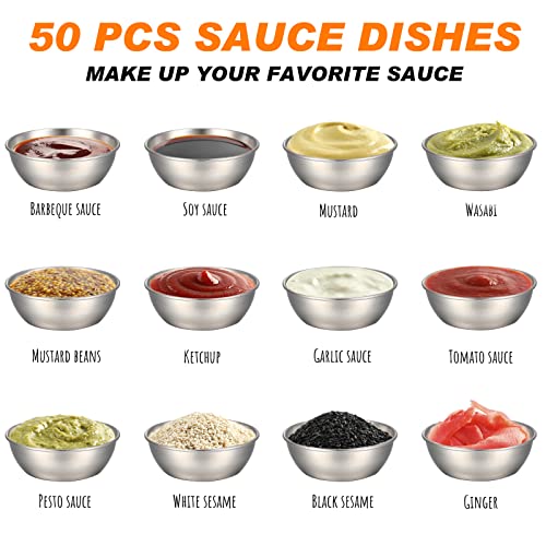 Tanlade 50 Pcs Metal Sauce Bowls 3.2 Inch Round Stainless Steel Seasoning Dishes Cups Mini Saucers Plates Small Sushi Dipping Bowls for Prep Ramekins Kitchen Party Supplies(Silver) - color: Silver
