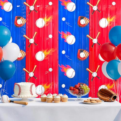 2Pack Baseball Backdrop Banner Baseball Birthday Party Decorations Supplies for Boys Kids, Sports Themed Party Decorations Blue White Red Tinsel Backdrop Foil Fringe Curtains Door Streamers