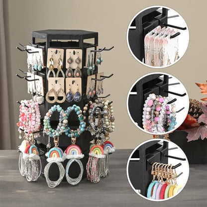 Ikee Design Free Assembly Natural Wood Hexagon 6 Sided Rotating Jewelry Display Stand Tower,60 Removable Metal Hooks,Keychain Earring Display Stand Tower for Selling,Showcase,Black Color - color: 6 side, Black, 60 hooks