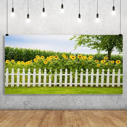 Leyiyi Spring Natural Scenery Backdrop 12x6ft Photography Backdrop Blossoming Yellow Sunflowers Tall Lush Tree White Wooden Textured Fence Family Children Baby Girl Personal Portraits Studio Props - size: 12x6ft