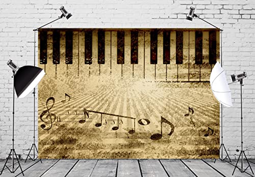 BELECO 7x5ft Fabric Retro Music Piano Backdrop Grunge Piano Keyboard Music Symbol Music Notation Old Music Sheet Photography Background Music Theme Party Decorations Photo Booth Studio Props