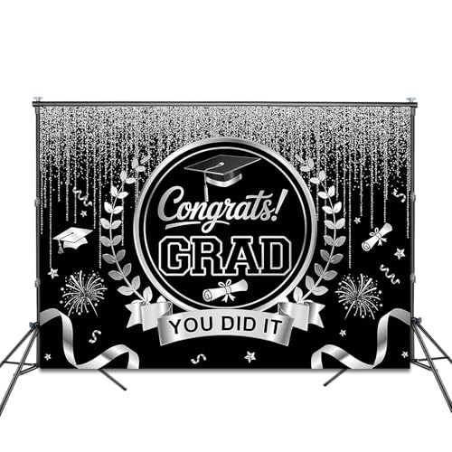 Graduation Backdrop Congrats Grad You Did It Party Decorations Background Congratulations Graduate Class of 2026 Banner Photo Booth Props (Black and Silver, 7x5ft) - color: Black and Silver