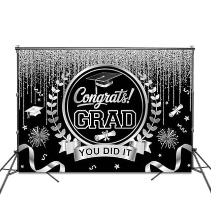 Graduation Backdrop Congrats Grad You Did It Party Decorations Background Congratulations Graduate Class of 2026 Banner Photo Booth Props (Black and Silver, 7x5ft) - color: Black and Silver