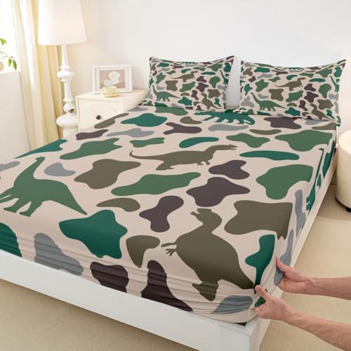 Manfei Army Green Camo Fitted Sheet Twin Size,Dinosaur Camouflage Bedding Set 2pcs,Wild Animals Theme Bed Sheets with 1 Pillowcase,Kids Boys Girls Room Decor,Soft Deep Pocket Bedding(No Flat) - color: Green, size: Twin (39*75*16")