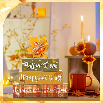 Geelin 4 Pcs Thanksgiving Decorations Fall Wooden Sign Maple Leaves Thanksgiving Pumpkin Table Centerpiece Tiered Tray Decor Fall Wood Blocks Tiered Tray Decor Table Top Sign for Home - style: Maple Leaves