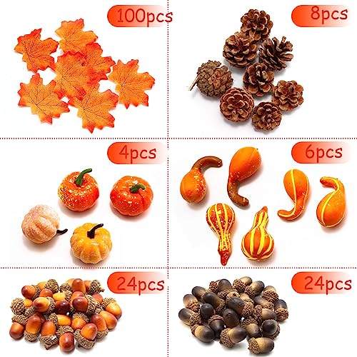 166Pcs Fall Thanksgiving Simulated Pumpkin, Maple Leaf, Pine nut, Autumn Decoration, Halloween Decoration, Pumpkin Model, Vegetable Cabinet Display, Photography, Early Education Props