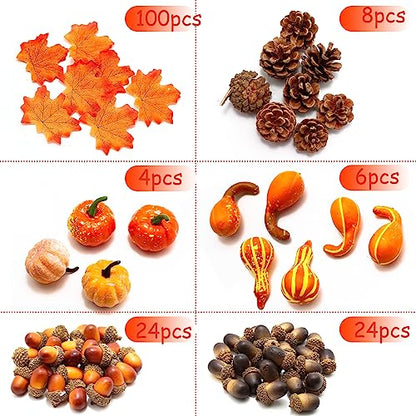 166Pcs Fall Thanksgiving Simulated Pumpkin, Maple Leaf, Pine nut, Autumn Decoration, Halloween Decoration, Pumpkin Model, Vegetable Cabinet Display, Photography, Early Education Props