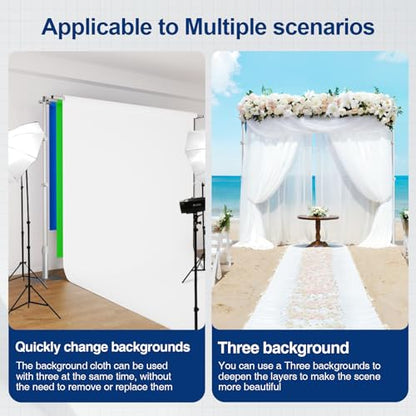 EMART Backdrop Stand Heavy Duty 10x10Ft,Three Crossbar Pipe and Drape Photo Background Support Kit, Adjustable Metal Frame with Flat Base for Wedding Birthday Party Decorations
