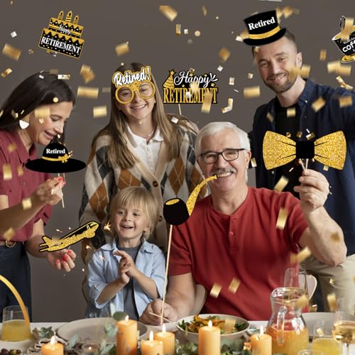 Kuxriox 30Pcs Happy Retirement Party Decorations for Men Women, Black Gold Retirement Photo Booth Props, Cheers to Retirement Party Supplies, We Will Miss You Retirement Party Sign