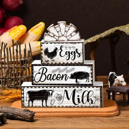Jetec 4 Pcs Farmhouse Kitchen Decor Wooden Tiered Tray Decor Cow Rooster Pig Rustic Bathroom Signs Decorative Faux Stacked Table Centerpiece Block Sign for Home Living Kitchen Dining Room Shelf - style: Cow Rooster Pig