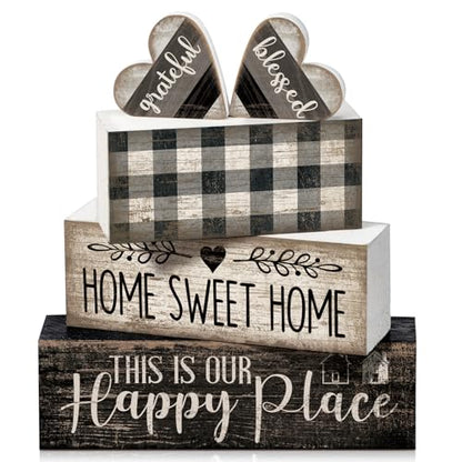 Moucuny 4 Pcs Farmhouse Kitchen Decor Black and White Farmhouse Tiered Tray Decor Home Sweet Home Centerpiece Wooden Heart Rustic Valentines Day Block Sign for Kitchen Shelf Valentines Gift Decoration - style: Black and White Heart