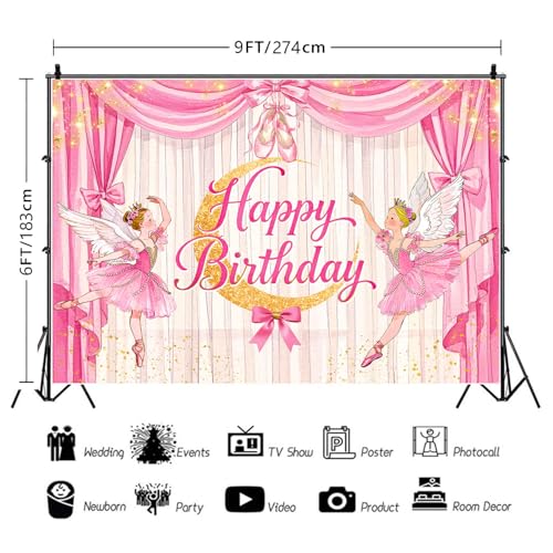 Ballerina Girl Backdrop Cute Ballet Photography Background Pink Princess Party Supplies for Girls Birthday Baby Shower Dance Decor Banner Portrait Photo Booth Studio Props 9x6ft FU058YL - size: 9x6ft