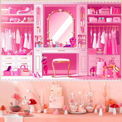 HANYING Pink Princess Cloakroom Backdrop,10x7ft Cartoon Girly Vanity Table Makeup Photography Background,Girls Birthday Baby Shower Photo Backdrop,Portrait Studio Props,HY0137YL