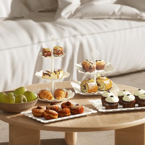 10 Pack Cake Stand Set with 3 x Two-Tier and 3 x Three-Tier Cupcake Stands, Plastic Dessert Table Stand Set 3 Tired Cookie Tray and 4 Pcs Dessert Trays - color: White