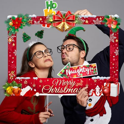 Christmas Photo Booth Props Kit, 24Pcs Fun Photo Props & Selfie Frame for Christmas Photos Decoration, Funny Santa & Gingerbread Photo Props for Xmas Holiday Party Decoration