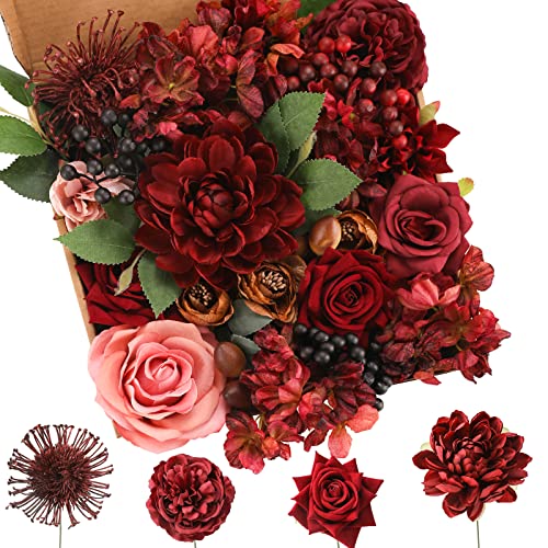 Floweroyal Artificial Flowers Combo Burgundy Flowers Mix Silk Flowers Dahlia Roses with Stems for DIY Wedding Bridal Bouquets, Baby Shower, Floral Arrangement, Table Centerpieces, Home Decorations. - color: Red