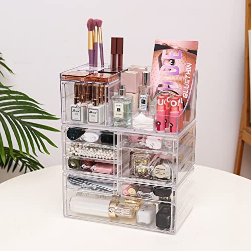 Cq acrylic 3 Pack Clear Make up Organizer Countertop,Stackable 9 Drawers Makeup Storage,Cute Vanity Organizers for dresser Hair Clip,Jewelry,Beauty Product Desk and Bathroom Organizers and Storage - size: 9 Drawers