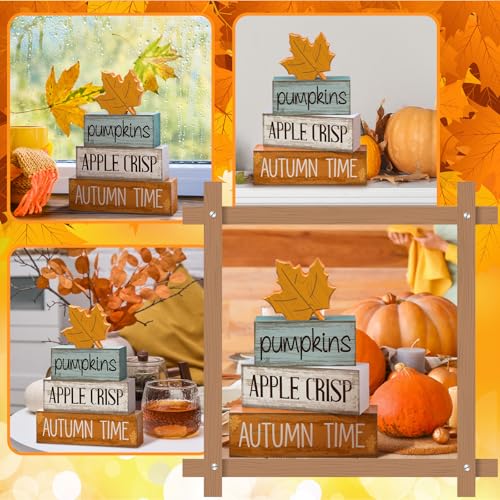 Lineshading 4 Pcs Thanksgiving Decoration for Home Wooden Maple Leaf Fall Tiered Tray Decor Thanksgiving Centerpiece Rustic Decorative Maple Leaf Block Signs Gift Farmhouse Autumn Decoration for Home - style: Autumn Maple Leaf