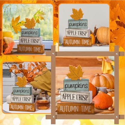 Lineshading 4 Pcs Thanksgiving Decoration for Home Wooden Maple Leaf Fall Tiered Tray Decor Thanksgiving Centerpiece Rustic Decorative Maple Leaf Block Signs Gift Farmhouse Autumn Decoration for Home - style: Autumn Maple Leaf