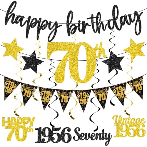 12PCS 70th Birthday Decorations for Men Women, Black Gold Vintage 1956 Happy 70th Birthday Banner Triangle Flag Banner Glitter Hanging Swirls Party Supplies, Cheers to 70 Years Old Bday Decor - style: Black Gold 70th