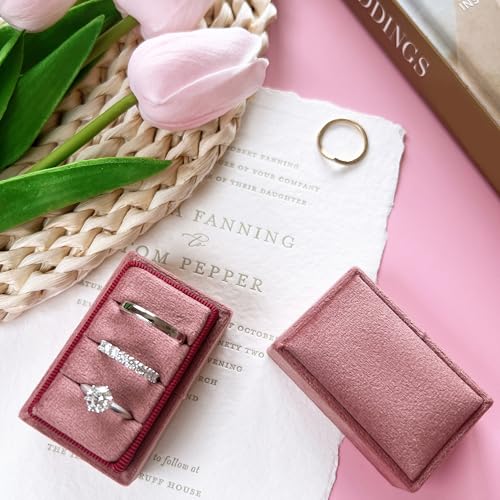 Rectangle 3 Slots Italian Velvet Jewelry Box Engagement Wedding Photo Ring Box Keepsake Box Triple Ring Gift Box (Dusty Rose) - color: Dusty Rose