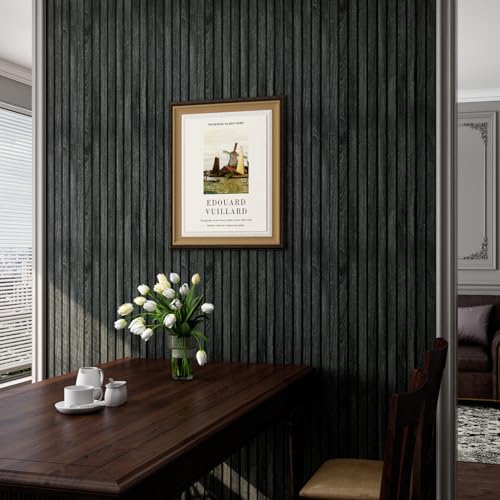 LACHEERY Black Wood Panel Wallpaper Peel and Stick 3D Wood Slat Wall Paper Black Wooden Slats Panels for Wall Cabinets Removable Contact Paper Self Adhesive Oak Slat Panel Roll Decorative 15.8"x80" - color: Black, size: 15.8" x 80"