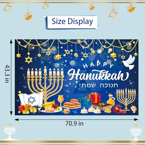 Lucleag Happy Hanukkah Backdrop Banner, 71 x 43 Inch Menorah Blue Shiny Lamps Chanukah Party Background for Hanukkah Decorations, Banner Photography Backdrop for Hanukkah Party Supplies