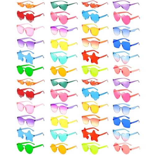 Pibupibu 24/48 Pack Mixed Rimless Colorful Party Sunglasses Bulk, Fun Party Glasses Photoshoot Prop Costume Eyewear - color: 48 Mixed