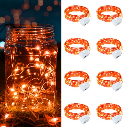 8 Pack Orange Fairy Lights Battery Operated, 7ft 20 LED Mini String Twinkle Lights for Christmas Halloween Mason Jars Party Centerpiece Table Decorations (8, Orange) - color: Orange