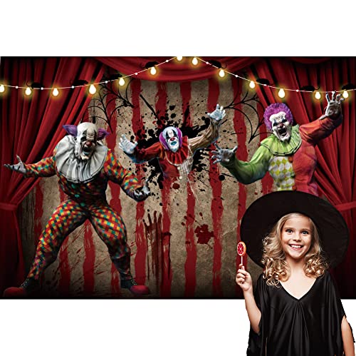 AOFOTO 9x7ft Scary Clown Decorations Backdrop Horror Circus Theme Halloween Photography Backdrop Giant Evil Clown Creepy Bloody Zombie Background Carnival Hallowmas Party Banner Photo Studio Props - size: 9x7ft