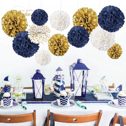 NICROLANDEE Wedding Party Decorations - 12 PCS Navy Blue and Gold Tissue Paper Pom Poms for Colleage Graduation, Baby&Bridal Shower, Birthday, Bachelorette Party, Engagement Party, Anniversary Party - style: Navy Blue